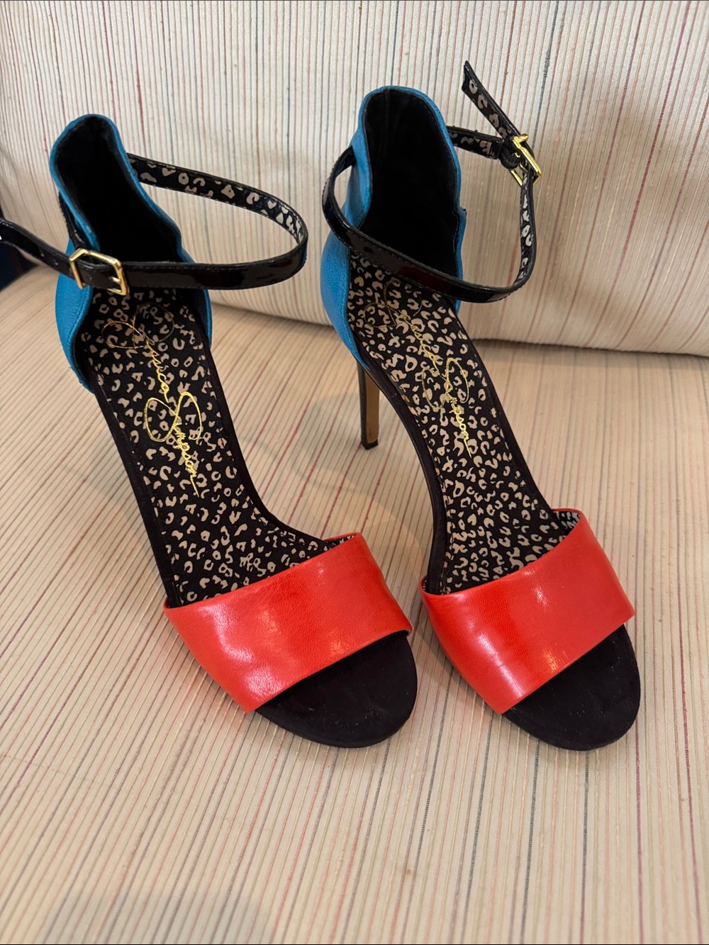 Jessica Simpson Red and Blue stilletto High Heel Sandals with Black Ankle Strap
